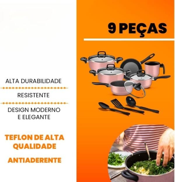 Jogo De Panelas Antiaderente 9 Peças Kit Conjunto Teflon Tampa De Vidro Durável(Rosé) - Imagem 4