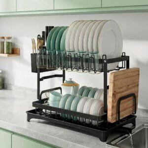 Decolab Escorredor de Louça - Com Bandeja Para Saída de Água - Para Pratos de Jantar, Talheres e Copos (Preto, 2 Andares)