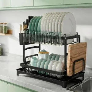 Decolab Escorredor de Louça - Com Bandeja Para Saída de Água - Para Pratos de Jantar, Talheres e Copos (Preto, 2 Andares)