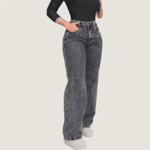 Calça Jeans Feminina Wide Leg Pantalona Cinza Grafite